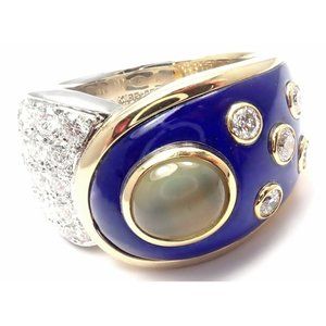 Authentic Mikimoto Platinum & 18k Gold Diamond Cats Eye Enamel Band Ring
